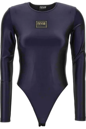 VERSACE Koszulki, Kobieta, Czarny, XS, Błyszczący Top z Lycrą