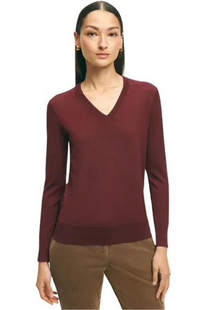 Brooks Brothers Swetry, Kobieta, Czerwony, S, Wełna, Sweter z dekoltem w serek z wełny Merino