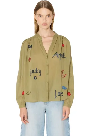 Berenice Bluzki, Kobieta, Zielony, M, Cassandralucky Chemise khaki płynna z haftami