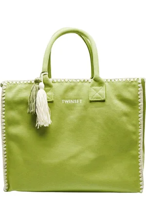 Twin-Set Torebki, Kobieta, Zielony, ONE SIZE, Bawełna, Torba shopper z nadrukiem i haftami