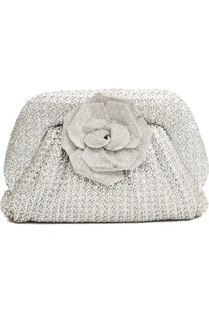 Twentyfour Torebki, Kobieta, Szary, ONE SIZE, Srebrna Pleciona Clutch z Różowymi Kamieniami