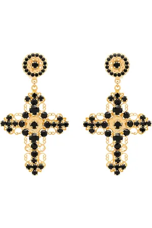 Dolce & Gabbana Akcesoria, Kobieta, Żółty, ONE SIZE, Złote Kolczyki Wiszące z Krzyżem Swarovski