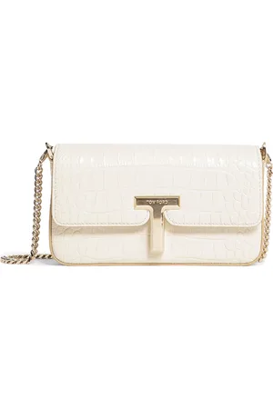 Tom Ford Torebki, Kobieta, Biały, ONE SIZE, Biała Mini Torba Croc z Złotym T-Plaque