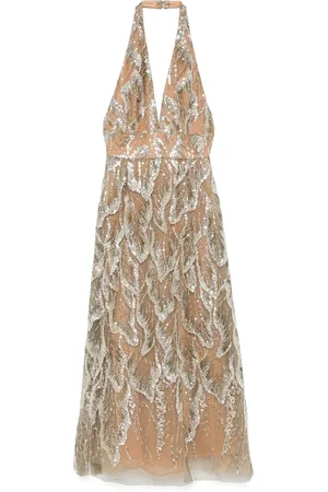 Elie saab Sukienki, Kobieta, Beżowy, S, Srebrna Sukienka z Dekoltem Halter i Rozkloszowanym Dołem
