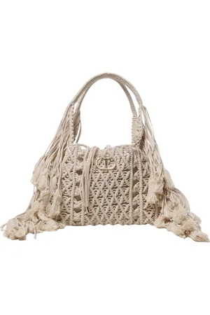 Twin-Set Torebki, Kobieta, Beżowy, ONE SIZE, Elegancka Macrame Torba na Ramię z Frędzlami