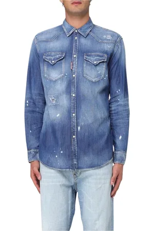 Dsquared2 Koszule, Mężczyzna, Niebieski, L, Denim, Zniszczona Koszula Dżinsowa Długie Rękawy