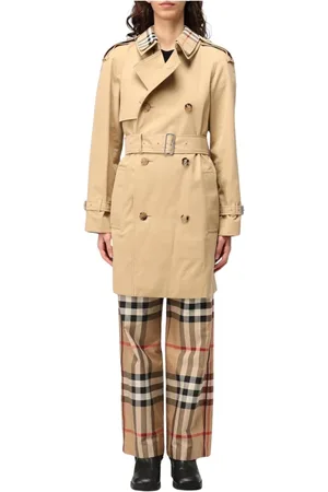Burberry Płaszcze, Kobieta, Beżowy, 2XS, Beżowy Trencz z Kratkowym Kołnierzem