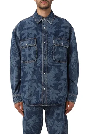 Palm Angels Koszule, Mężczyzna, Niebieski, M, Denim, Niebieska Koszula z Nadrukiem All Over z Denimu