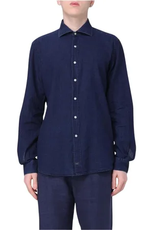FAY Koszule, Mężczyzna, Niebieski, L, Denim, Denim Koszula Sweterowa z Kołnierzem