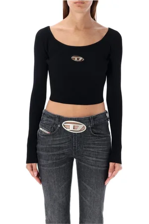 Diesel Koszulki, Kobieta, Czarny, M, Czarny Dresowy Crop Top z Metalicznym Logo