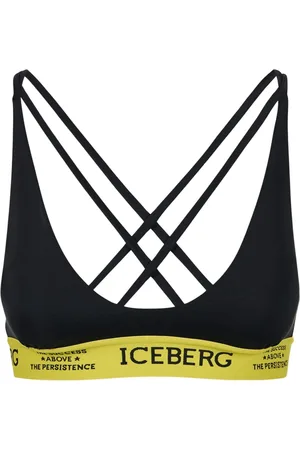 Iceberg Stroje kąpielowe, Kobieta, Czarny, S, Czarny top do kostiumu kąpielowego z żółtą elastyczną taśmą i kontrastującym logo, podwójne krzyżujące się ramiączka na t