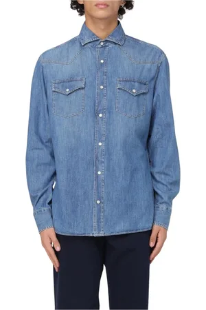 Brunello Cucinelli Koszule, Mężczyzna, Niebieski, S, Denim, Niebieska Koszula Westernowa z Denimu