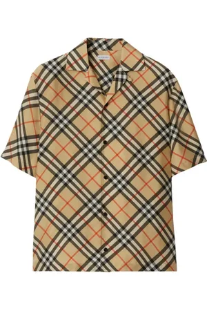 Burberry Koszule, Mężczyzna, Beżowy, 3XL, Koszula w Kratę z Jedwabiu z Kołnierzem Typu Camp