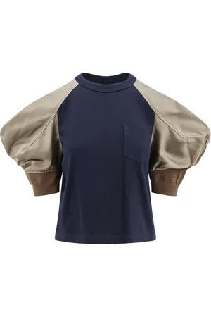 SACAI Koszulki, Kobieta, Niebieski, S, Nylon, Bawełniana koszulka z nylonowym krótkim rękawem