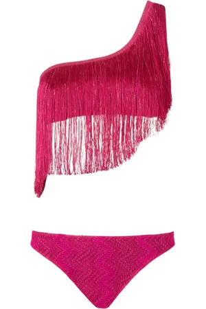 Missoni Stroje kąpielowe, Kobieta, Różowy, M, Bikini z wzorem zygzak i frędzlami na jedno ramię