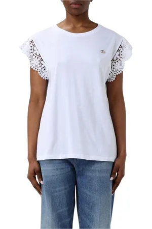 Twin-Set Koszulki, Kobieta, Biały, XS, Biała T-shirt z koronkowym wykończeniem