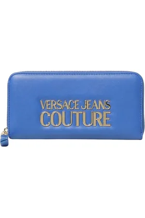 VERSACE Akcesoria, Kobieta, Niebieski, ONE SIZE, Niebieska Elegancka Portmonetka z Ikonicznym Brandingiem
