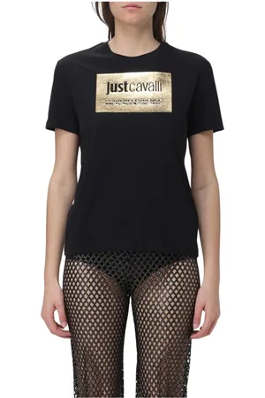 Roberto Cavalli Koszulki, Kobieta, Czarny, XS, Czarna Złota Koszulka z Logo Moda Damska