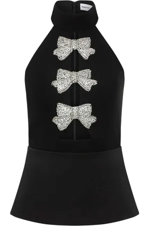 Rebecca Vallance Koszulki, Kobieta, Czarny, S, Czarny Top z Dekoltem Halter i Kokardą