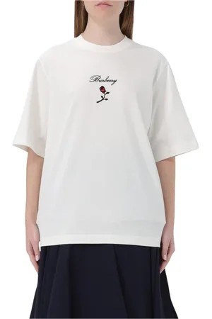 Burberry Koszulki, Kobieta, Biały, L, Różana Haftka Tee Elegancka Biała Koszulka