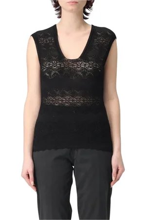 Twin-Set Koszulki, Kobieta, Czarny, 2XL, Biała Koronkowa Bezrękawnik