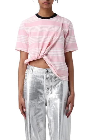 Msgm Koszulki, Kobieta, Różowy, S, Różowa T-shirt w Paski z Krótkimi Rękawami