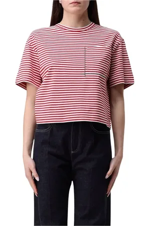 Brunello Cucinelli Koszulki, Kobieta, Wielobarwność, M, T-shirt w Paski z Kieszenią w Kremowym Kolorze