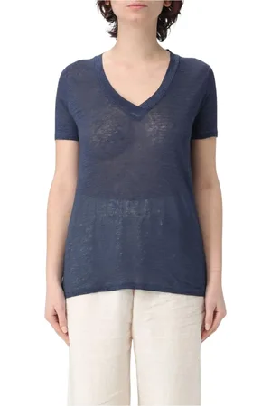 120% Lino Koszulki, Kobieta, Niebieski, L, Granatowy lniany T-shirt z dekoltem w serek