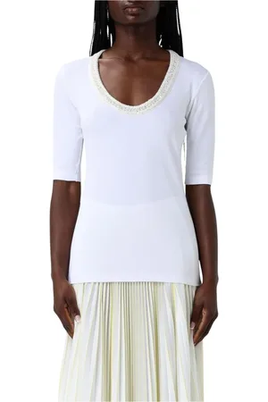 Fabiana Filippi Koszulki, Kobieta, Biały, XS, Bawełna, Biała Beaded Neckline Half Sleeve Top