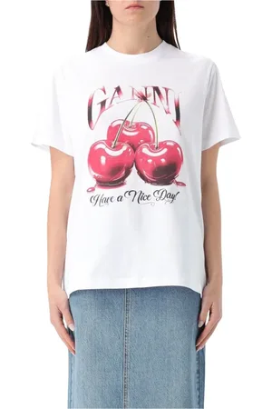Ganni Koszulki, Kobieta, Biały, M, Czereśniowy T-shirt z Grafiką Krótkie Rękawy