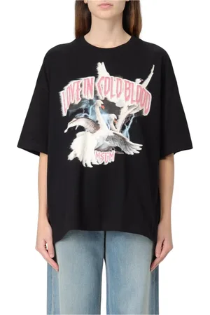 Msgm Koszulki, Kobieta, Czarny, M, Czarna Swan Graficzna Koszulka