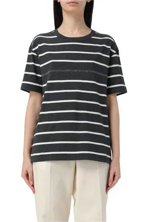 Brunello Cucinelli Koszulki, Kobieta, Szary, L, Elegancka T-shirt w Paski w Szarym