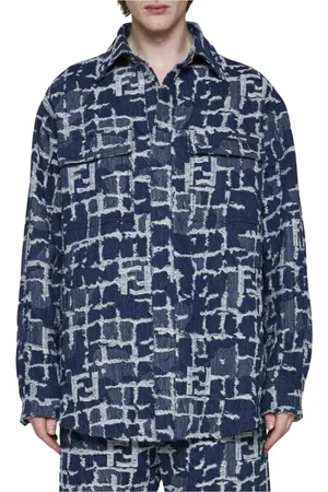 Fendi Kurtki, Mężczyzna, Niebieski, L, Denim, Koszula jeansowa z motywem FF