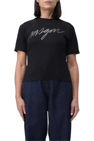 Msgm Koszulki, Kobieta, Czarny, S, Koszulka z bawełny z detalami ze sztucznych kamieni dla kobiet