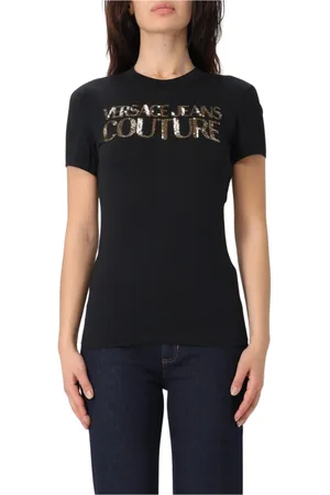 VERSACE Koszulki, Kobieta, Czarny, XL, Czarna Koszulka z Cekinowym Logo