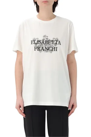 Elisabetta Franchi Koszulki, Kobieta, Biały, M, Koszulka z Kwiatowym Logo z Bawełny