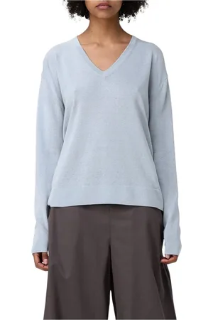 Max Mara Swetry, Kobieta, Niebieski, S, Niebieski Sweter z Dekoltem w Serek