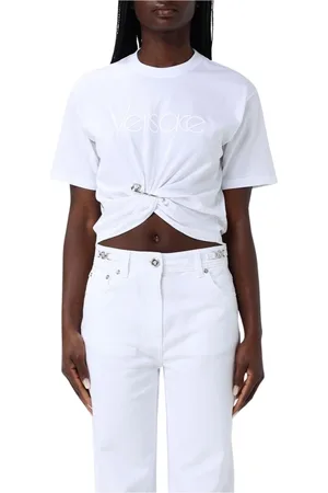 VERSACE Koszulki, Kobieta, Biały, 2XS, Różowa T-shirt z węzłowym dołem