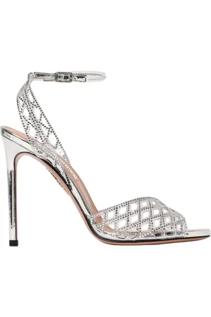 Aquazzura Buty, Kobieta, Szary, 40 EU, Srebrne Sandały na Obcasie z Paskiem wokół Kostki