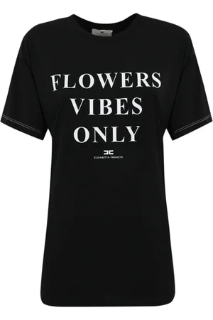 Elisabetta Franchi Koszulki, Kobieta, Czarny, M, Bawełna, Koszulka T-shirt z dżerseju z nadrukiem i satynowymi lampasami