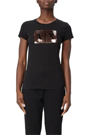 Armani Exchange Koszulki, Kobieta, Czarny, M, Koszulka z cekinowym logo