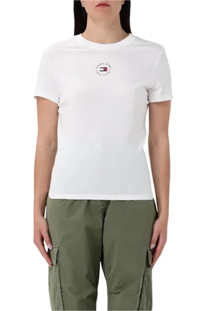 Tommy Hilfiger Koszulki, Kobieta, Beżowy, XS, Kołowy Logo Tee w Ecru