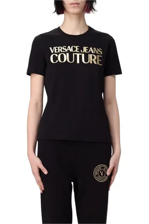 VERSACE Koszulki, Kobieta, Czarny, XS, Czarna Koszulka z Logo Dla Kobiet