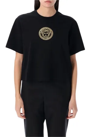 VERSACE Koszulki, Kobieta, Czarny, 2XS, Stylowa Graficzna Czarna Koszulka