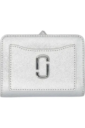 Marc Jacobs Akcesoria, Kobieta, Szary, ONE SIZE, Metaliczna Skórzana Kompaktowa Portmonetka
