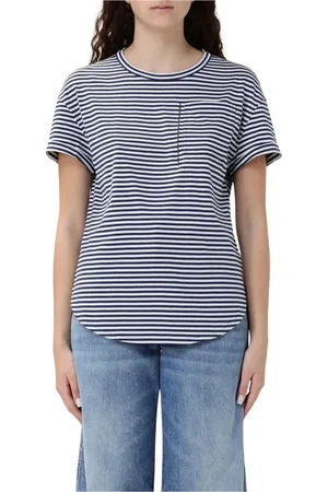 Brunello Cucinelli Koszulki, Kobieta, Niebieski, 2XL, Wielokolorowy Paskowany T-shirt z kieszenią