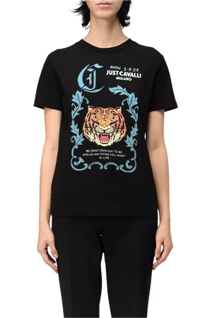 Roberto Cavalli Koszulki, Kobieta, Czarny, M, Tiger Graficzny Tee Stylowa Koszulka Casual