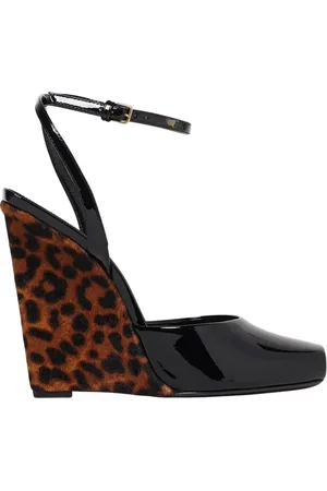 Saint Laurent Buty, Kobieta, Czarny, 37 EU, Sandały na koturnie z nadrukiem leoparda