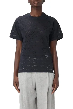 Emporio Armani Koszulki, Kobieta, Niebieski, S, Niebieski T-shirt z logo w stylu Laser Cut
