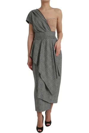 Dolce & Gabbana Sukienki, Kobieta, Szary, L, Nylon, Karo Jedno-ramienna Sukienka Maxi